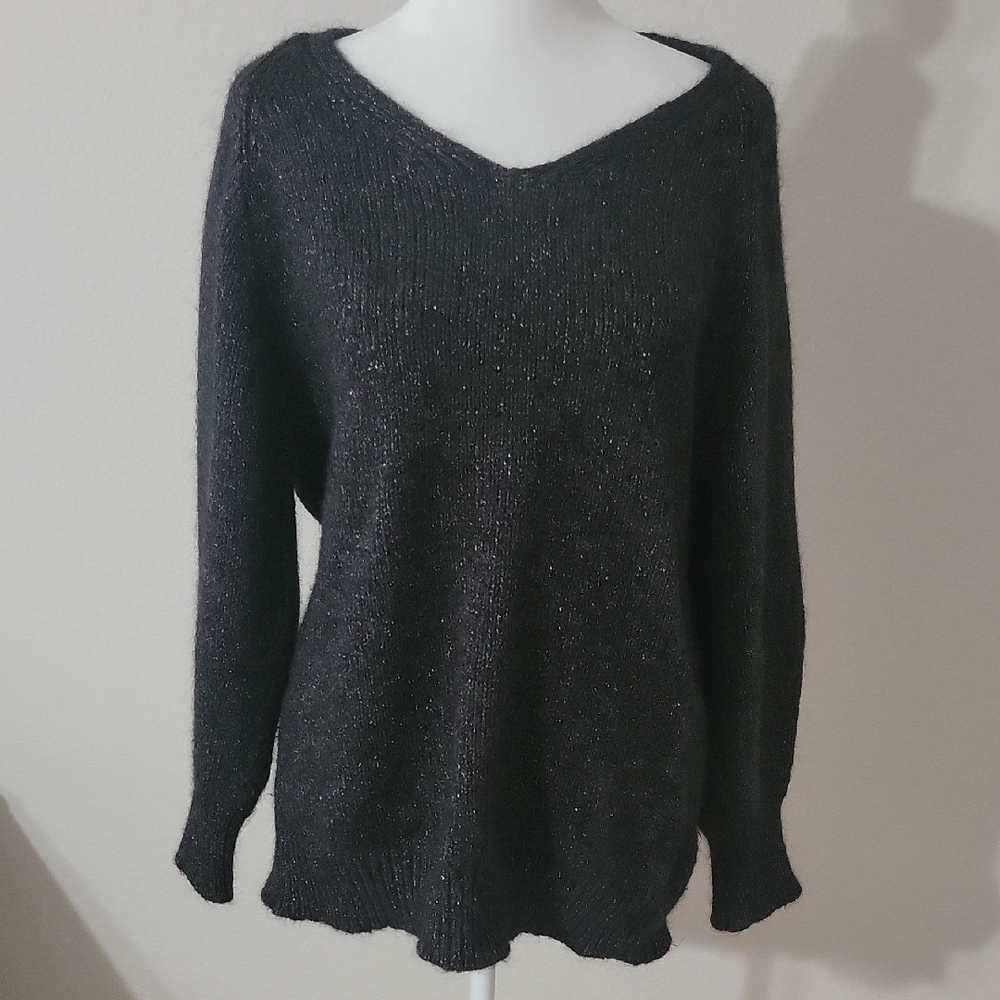 Massimo Dutti Black V-Neck Sweater Fine Knit Medium